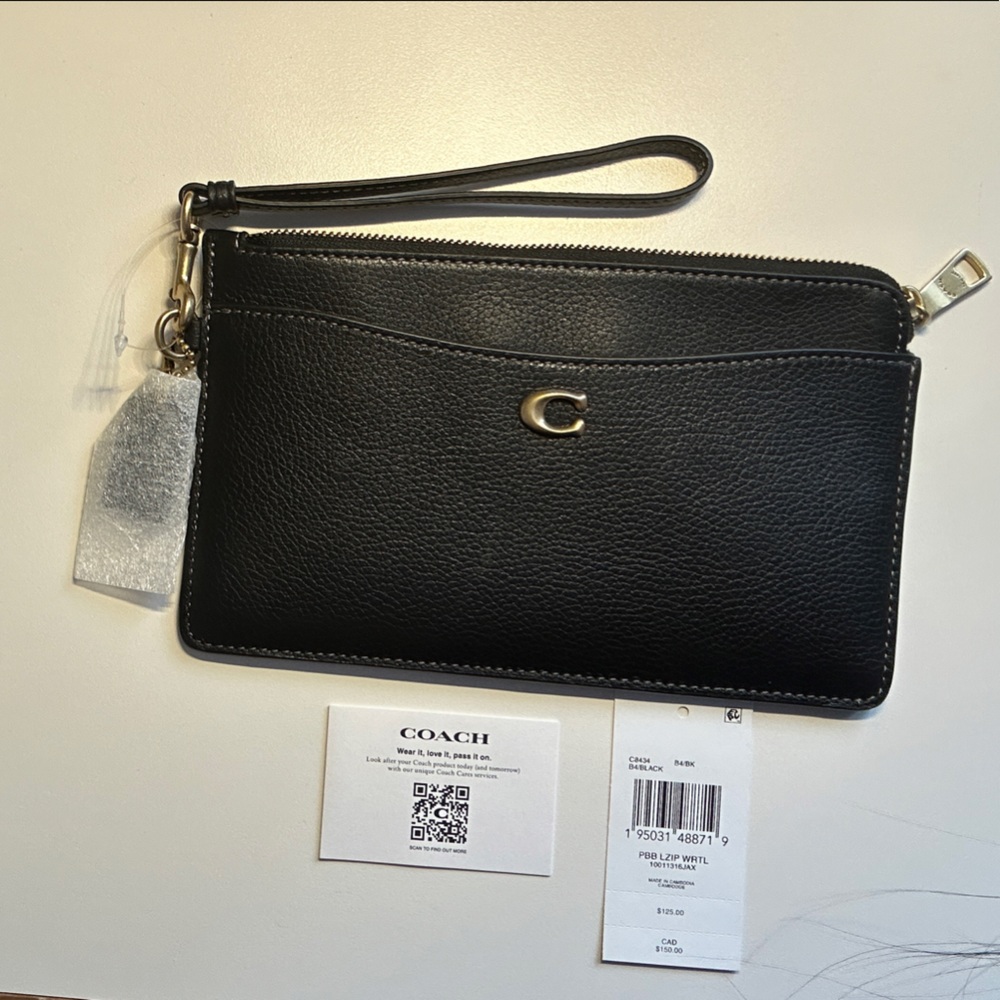 Coach Black Leather Wristlet with Gold Accent